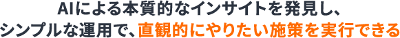 AIによる本質的なインサイトを発見し、シンプルな運用で、直観的にやりたい施策を実行できると書かれたテキスト画像