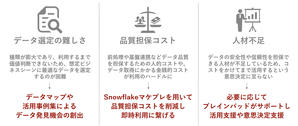 先述したオルタナティブデータ活用における課題に対する、ブレインパッドの取り組み
